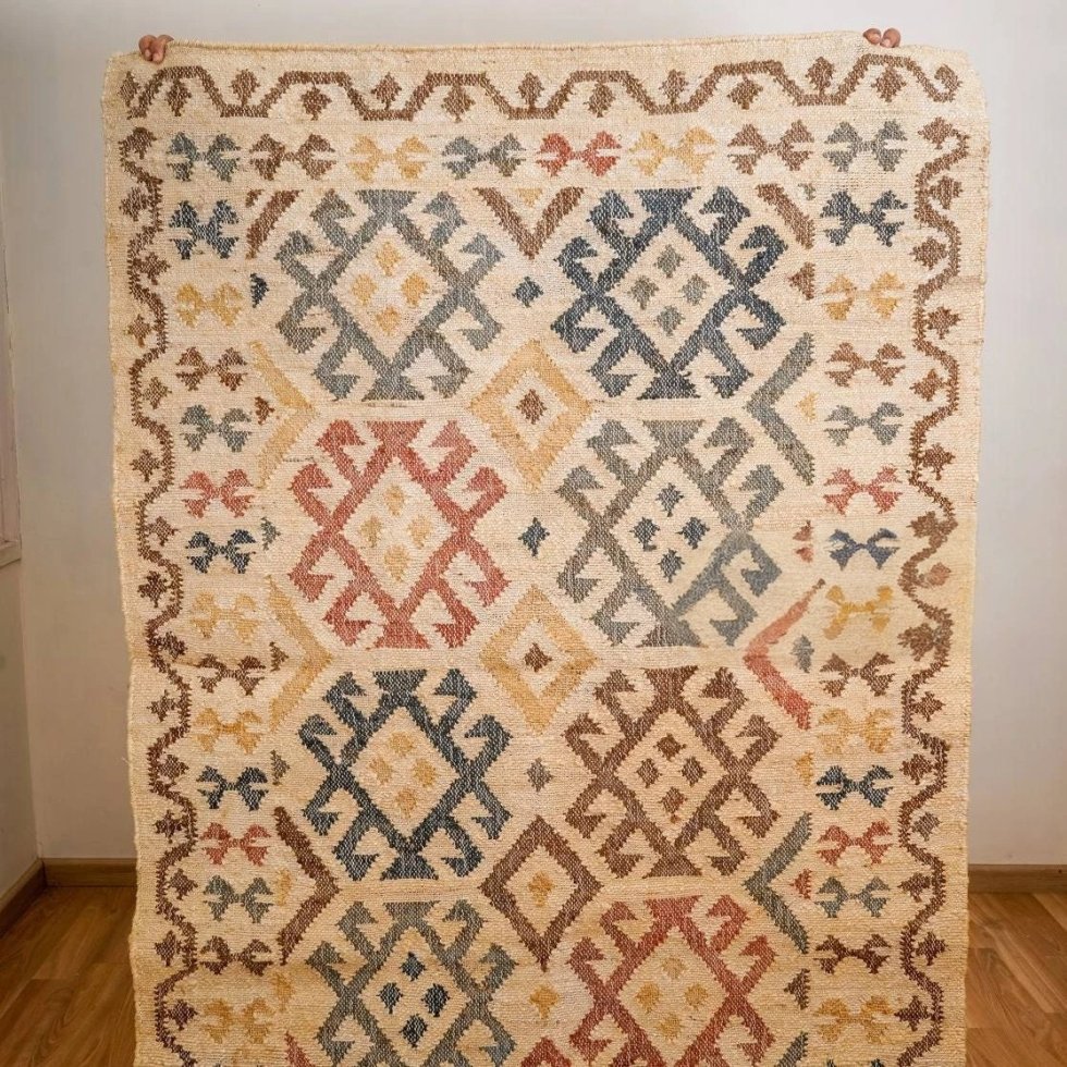 Tappeto azteco beige in cotone e iuta
