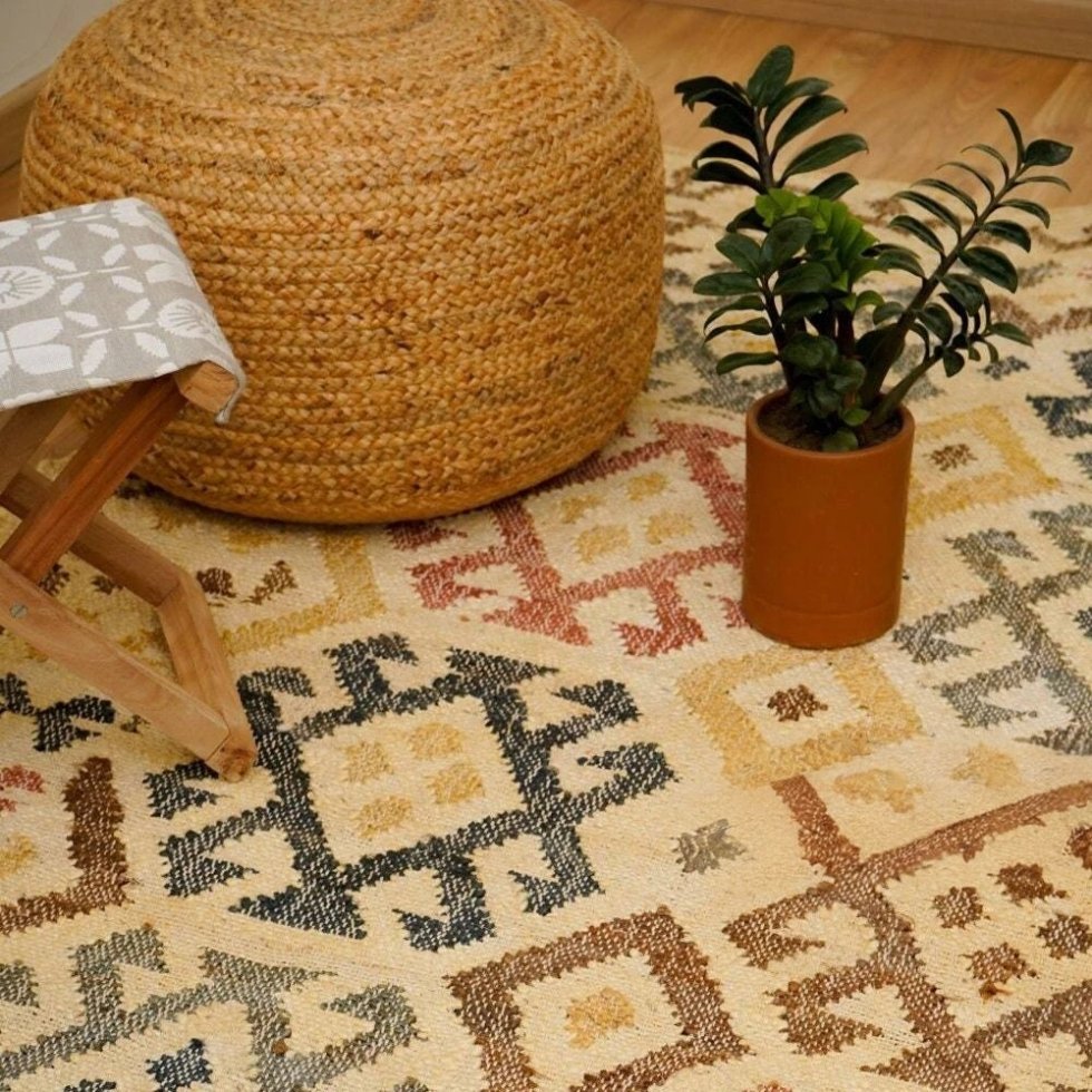 Tappeto azteco beige in cotone e iuta - immagine 2