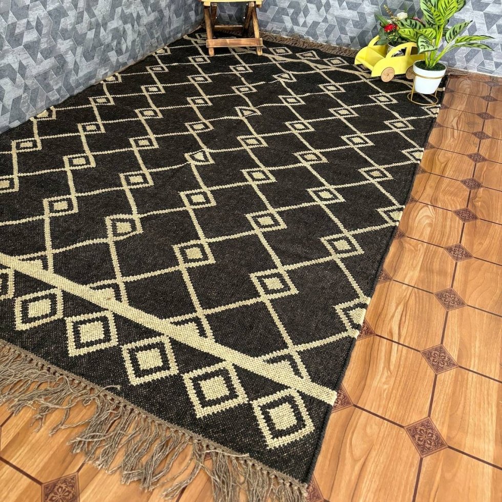 Tappeto in juta di lana diamantata nera e naturale - immagine 2