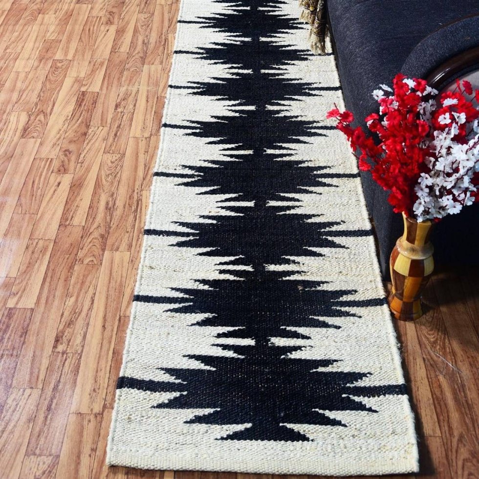 Tappeto runner in juta di canapa bianco e nero