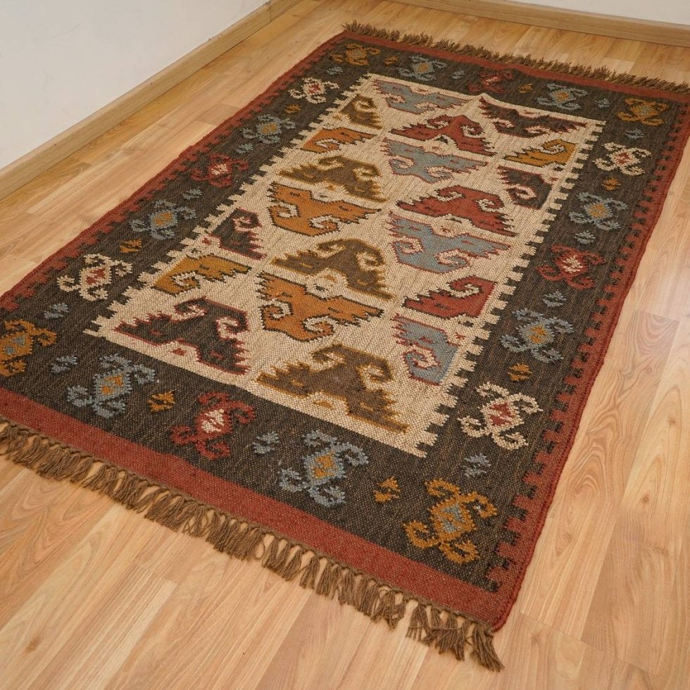Tappeto etnico kilim in lana e juta - immagine 2