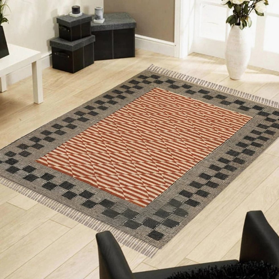 Tappeto geometrico in juta di lana arancione
