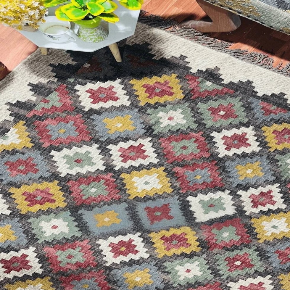Grande tappeto diamante in lana e iuta - immagine 2