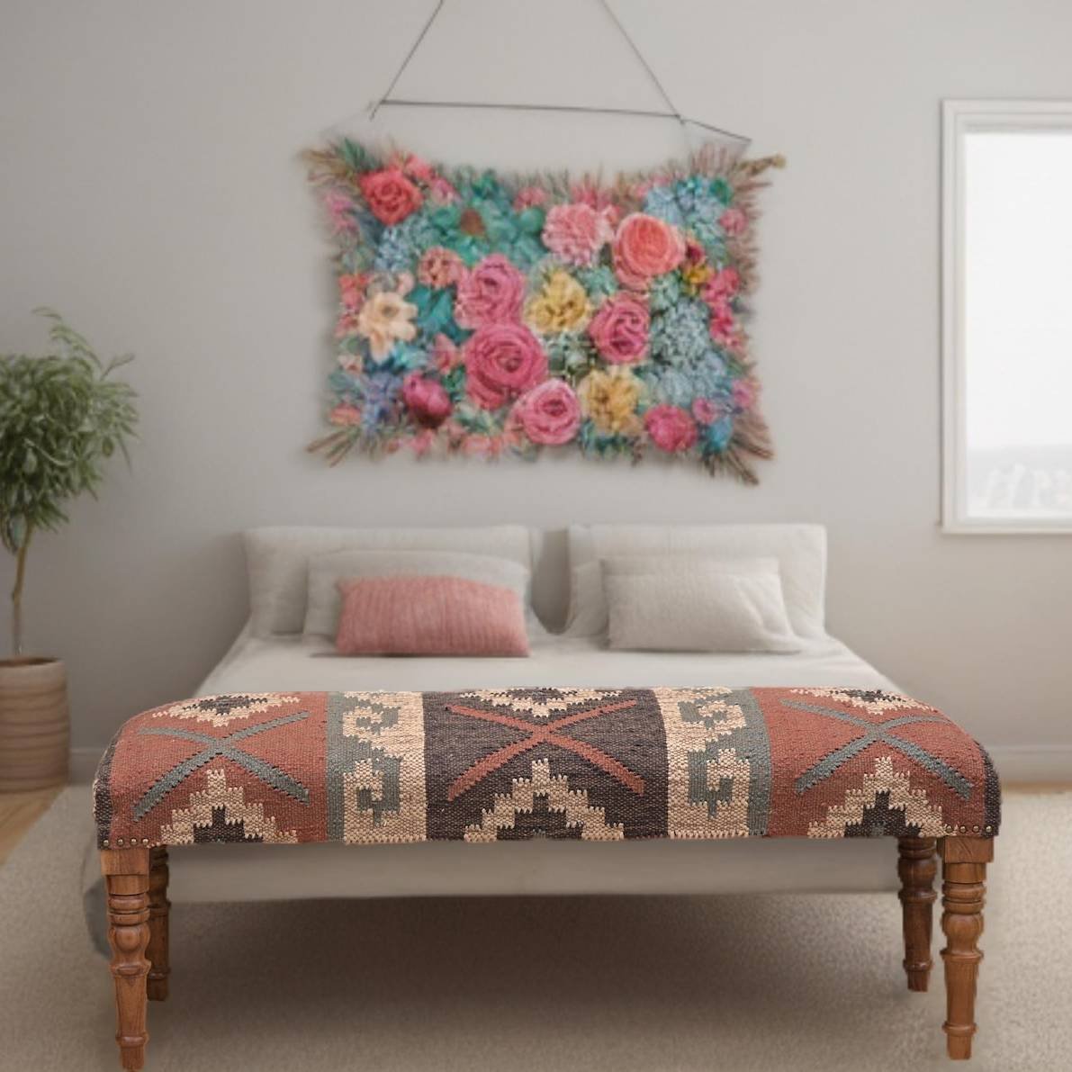 Panca orientale con pouf in lana e juta Panca orientale con pouf in lana e juta - immagine 4