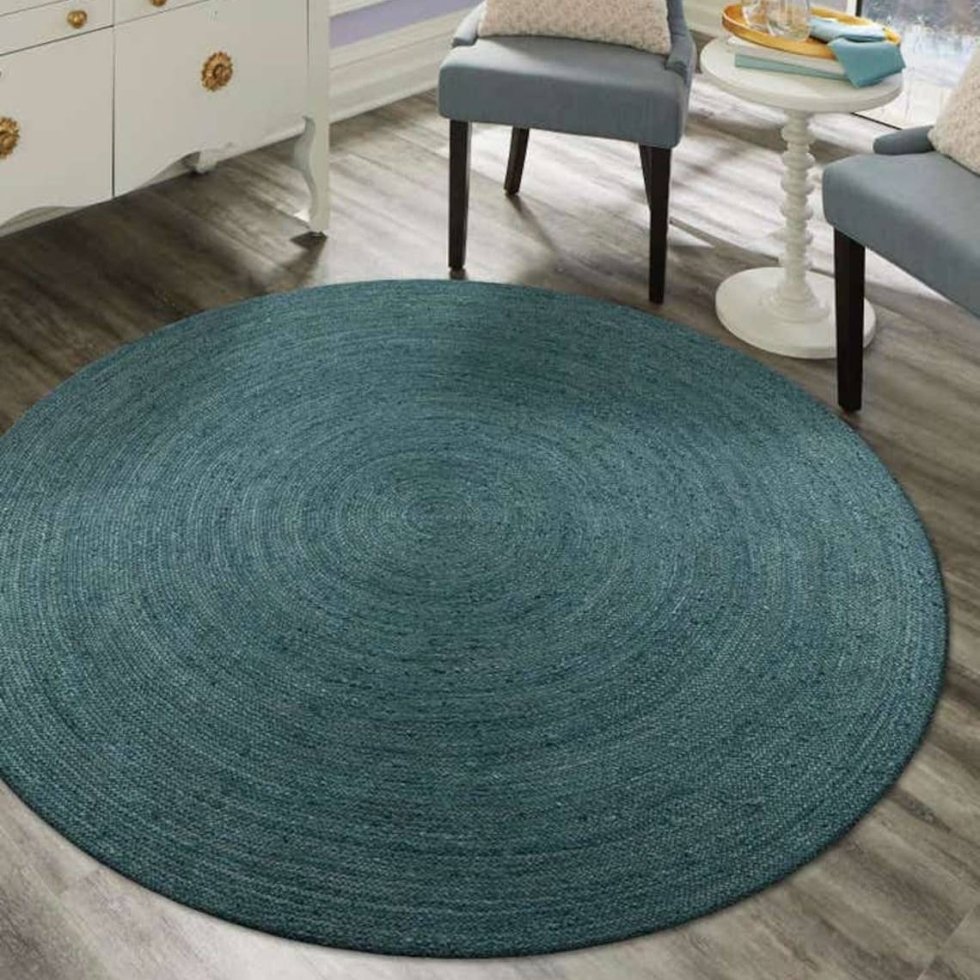 Tappeto rotondo in juta intrecciata verde acqua