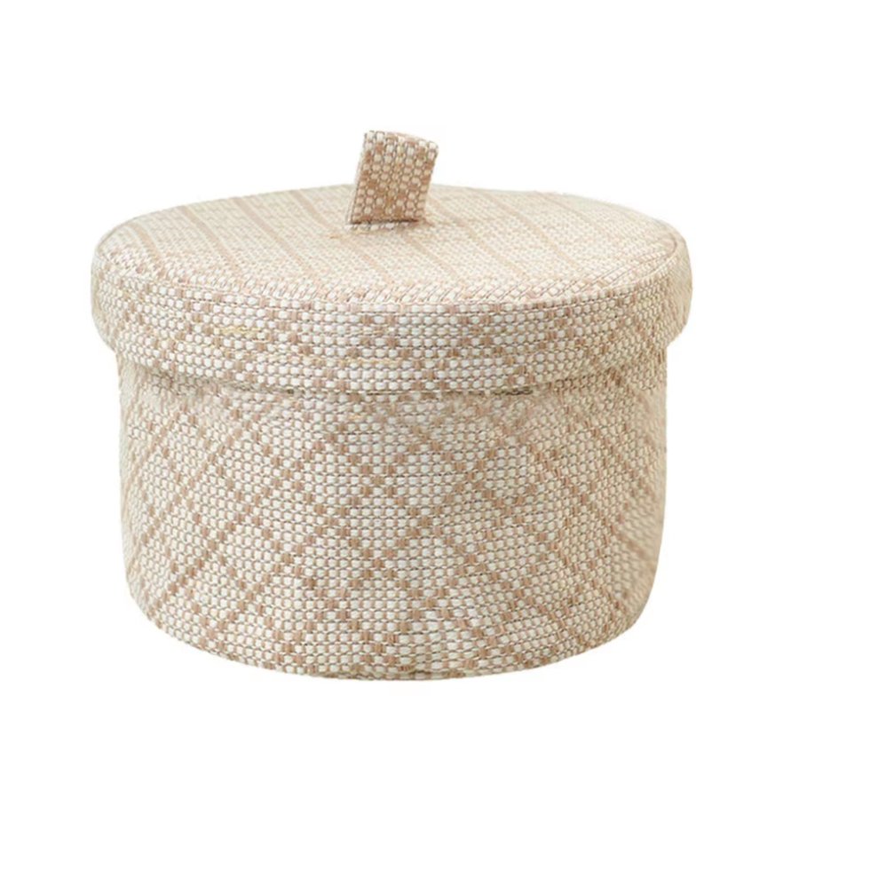 Cestino rotondo in iuta bianco e beige con coperchio - immagine 2
