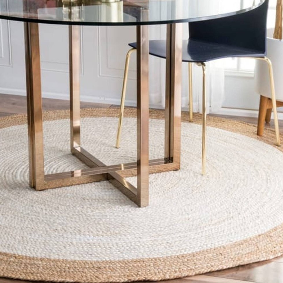 Tappeto rotondo in iuta bianco con bordo beige