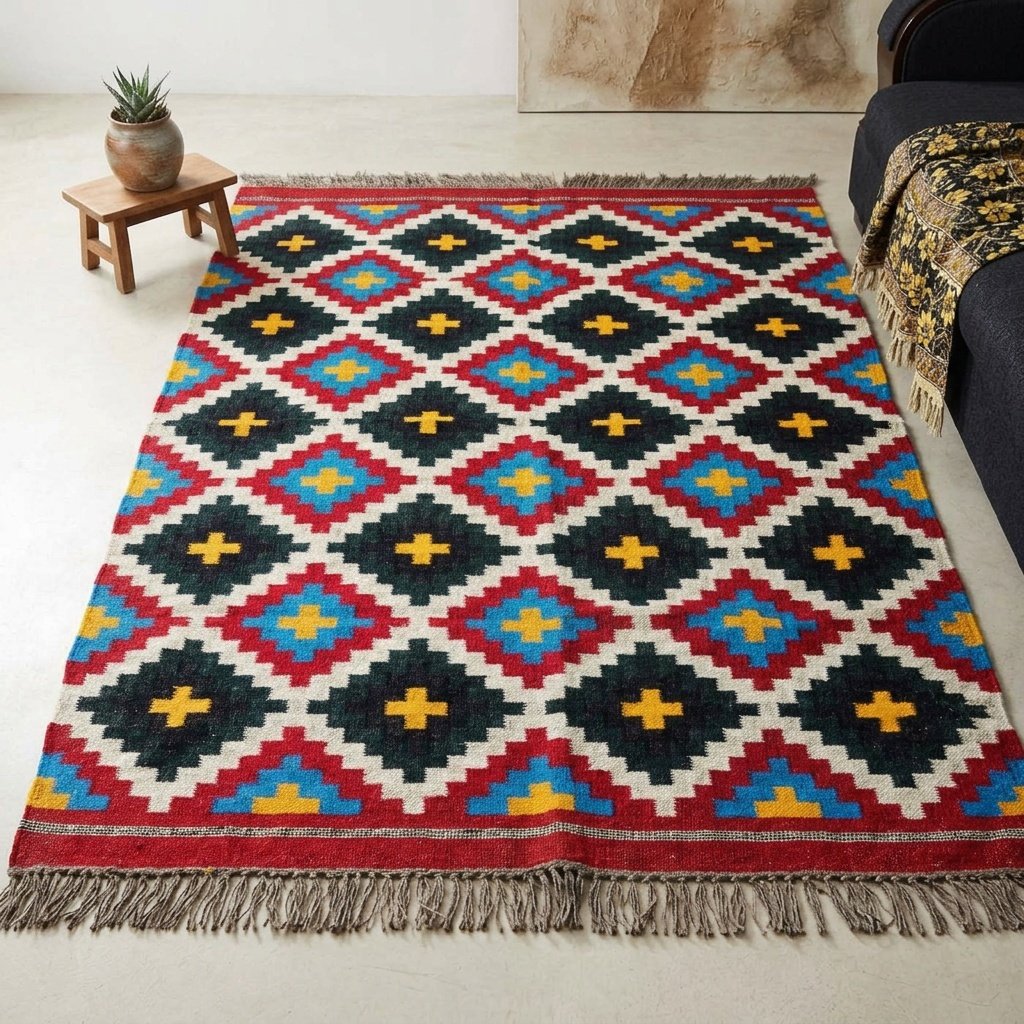 Tappeto kilim azteco in lana e juta Aztec wool and jute kilim rug