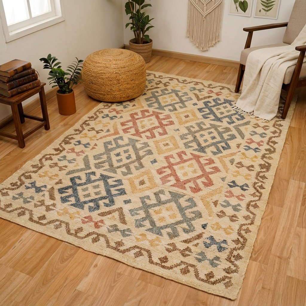 Tappeto beige in cotone e juta con motivi aztechi Beige aztec cotton and jute rug