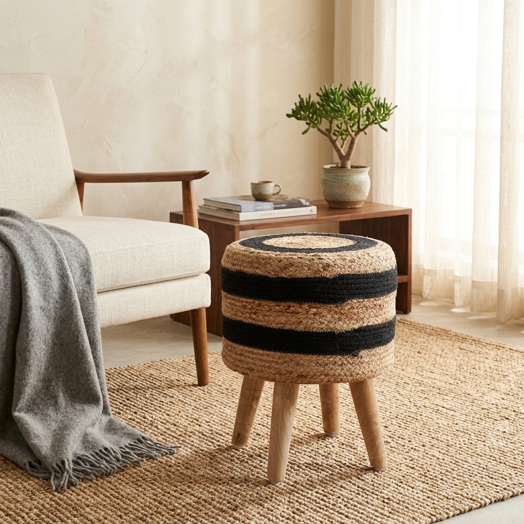 Pouf in iuta intrecciata nera e naturale Black and natural braided jute ottoman
