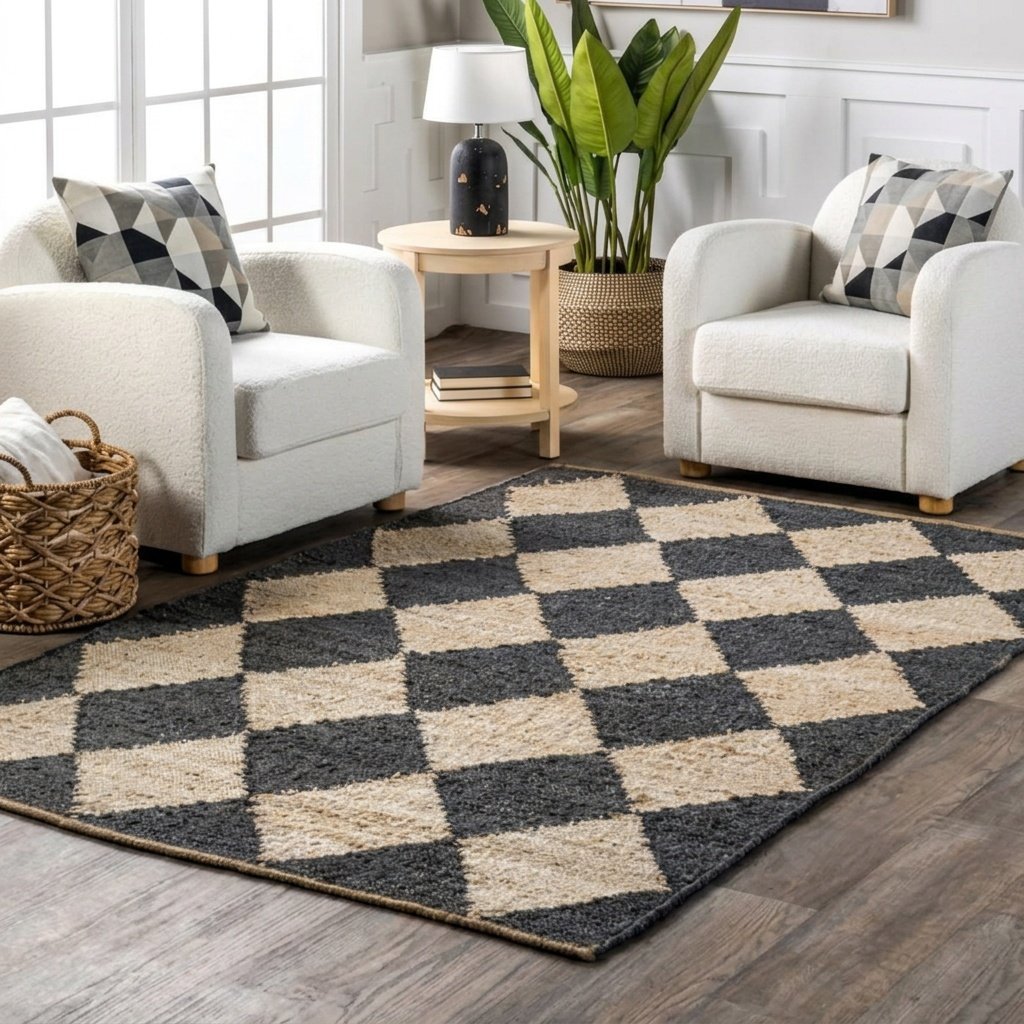Tappeto in iuta a scacchi diamantati bianchi e neri Black and white diamond checkered jute rug