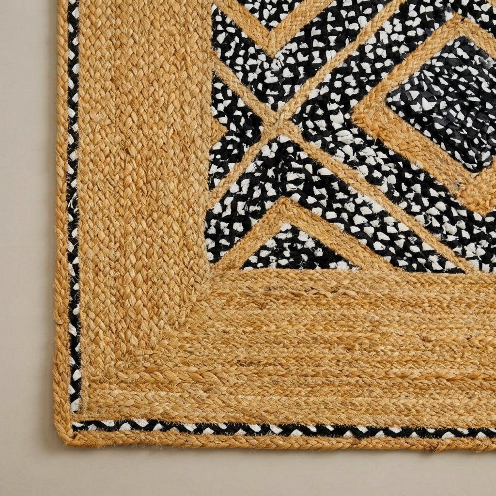 Tappeto in juta di cotone a rombi bianchi e neri Black and white diamond cotton jute rug