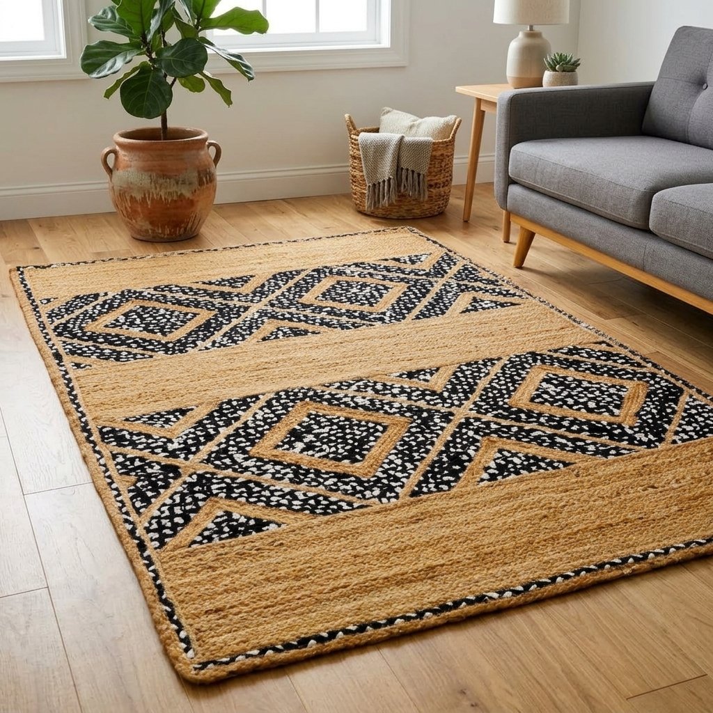 Tappeto in juta di cotone a rombi bianchi e neri Black and white diamond cotton jute rug