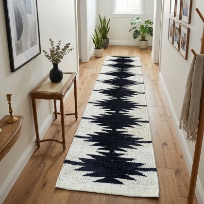 Black and white hemp jute rug runner