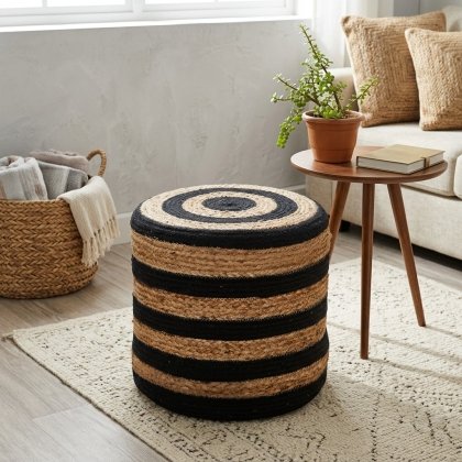 Black striped braided cotton and jute pouf ottoman