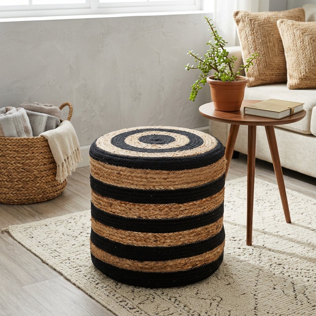 Pouf pouf in cotone e iuta a righe nere Black striped braided cotton and jute pouf ottoman