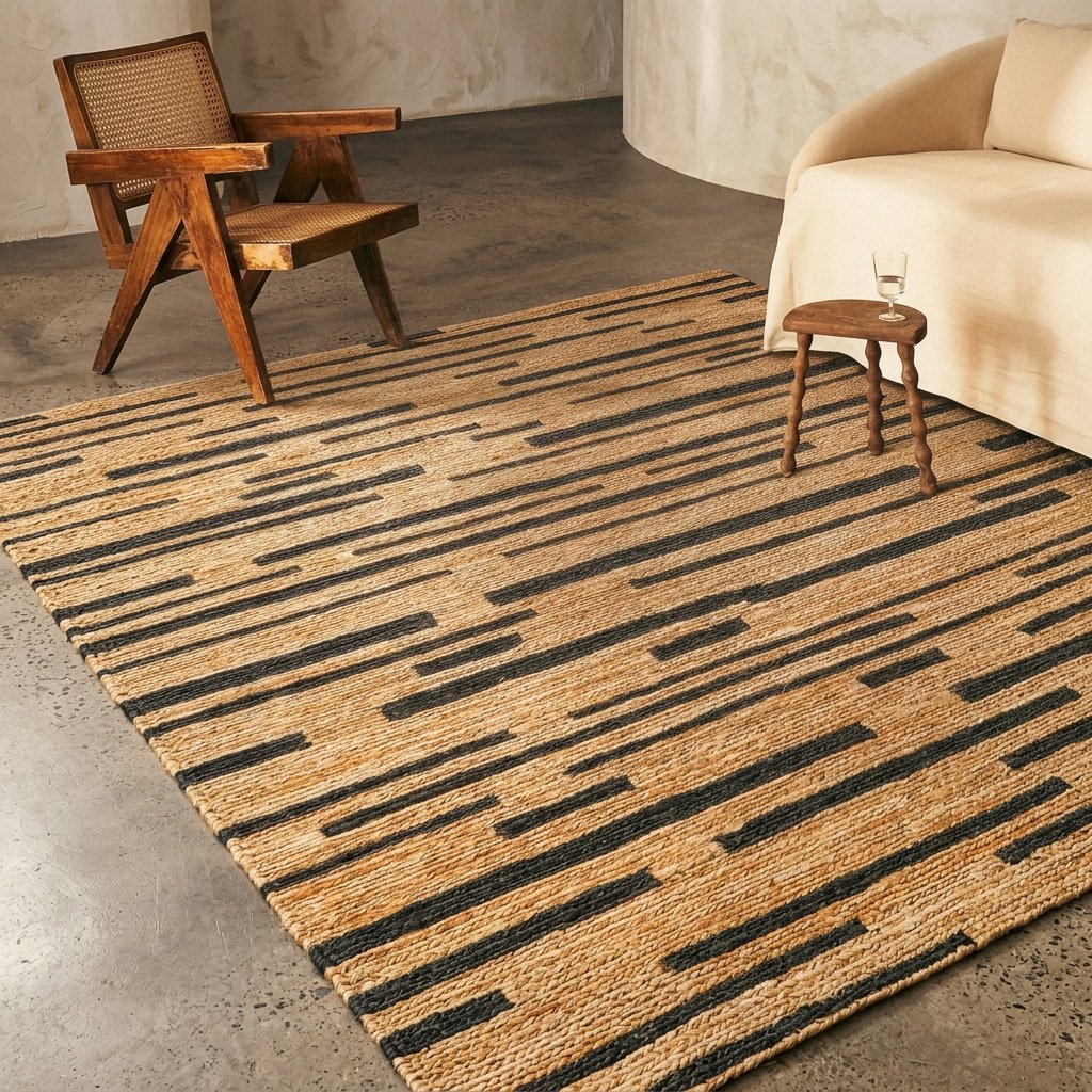 Tappeto in canapa e iuta a righe nere Black striped hemp and jute rug