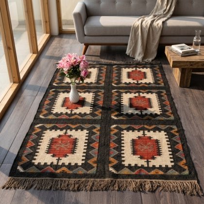 Black wool and jute kilim rug