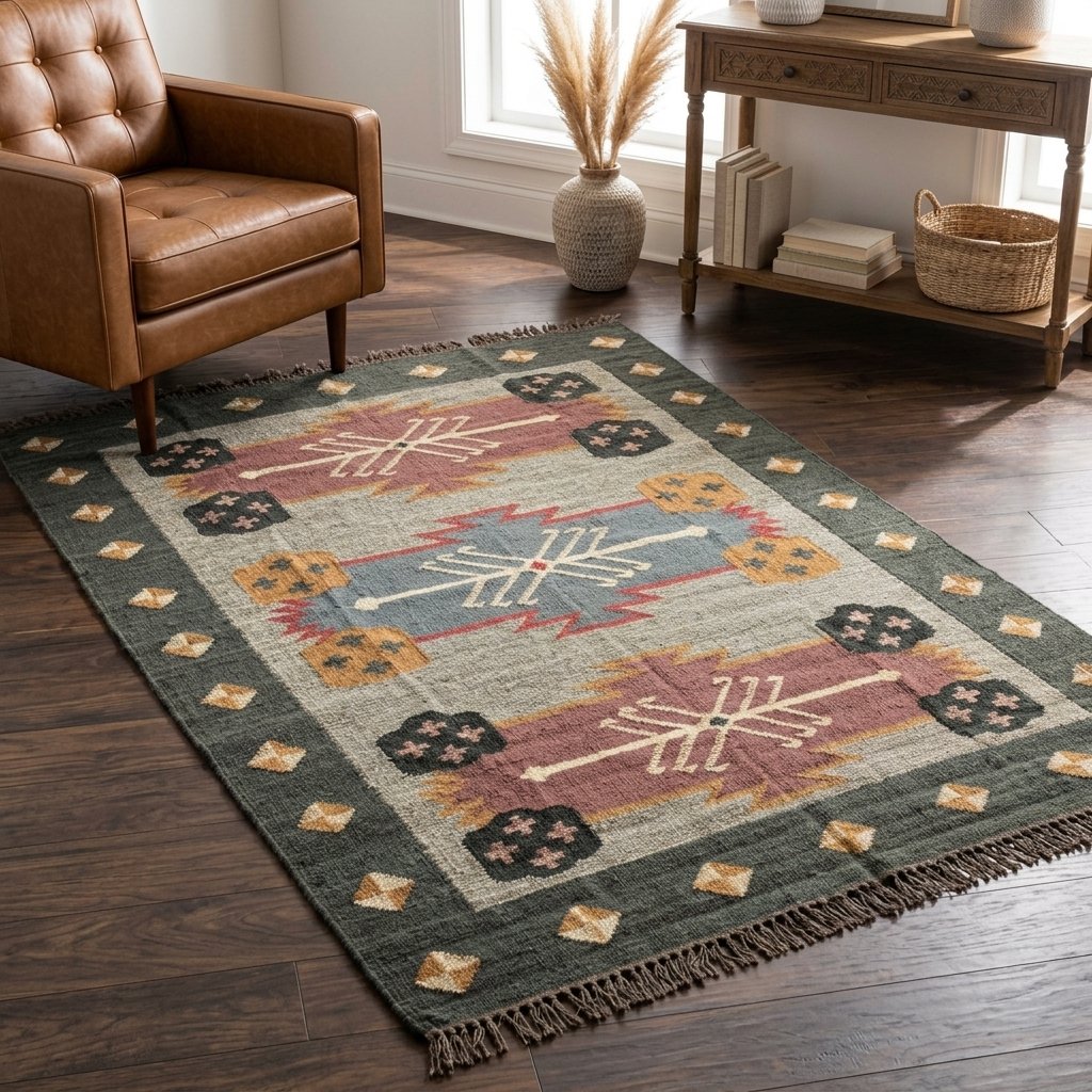Tappeto kilim Boho in lana e juta Boho wool jute kilim rug