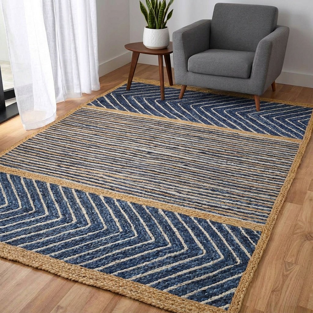Tappeto in juta intrecciata a righe e chevron blu Braided blue chevron and striped jute rug