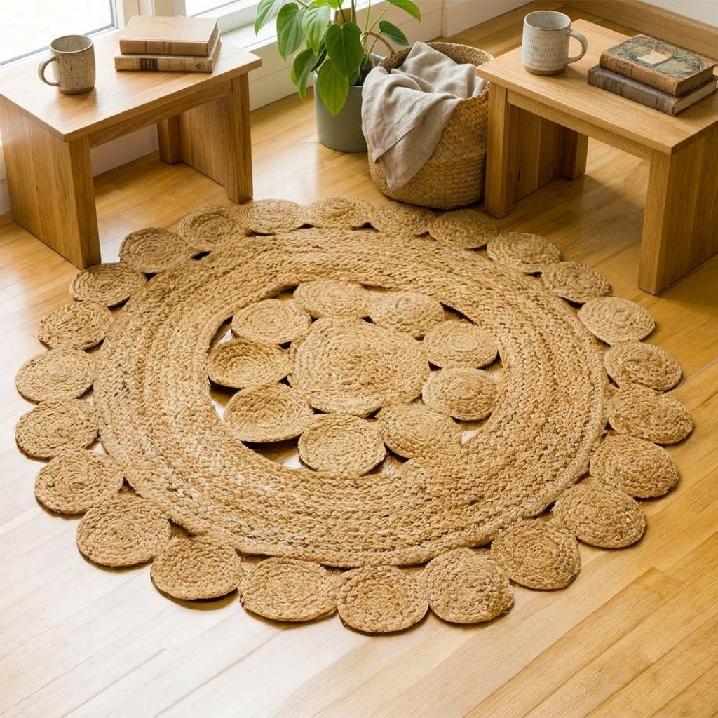 Tappeto in iuta a fiori intrecciati e ritagliati Braided round cut-out flower jute rug