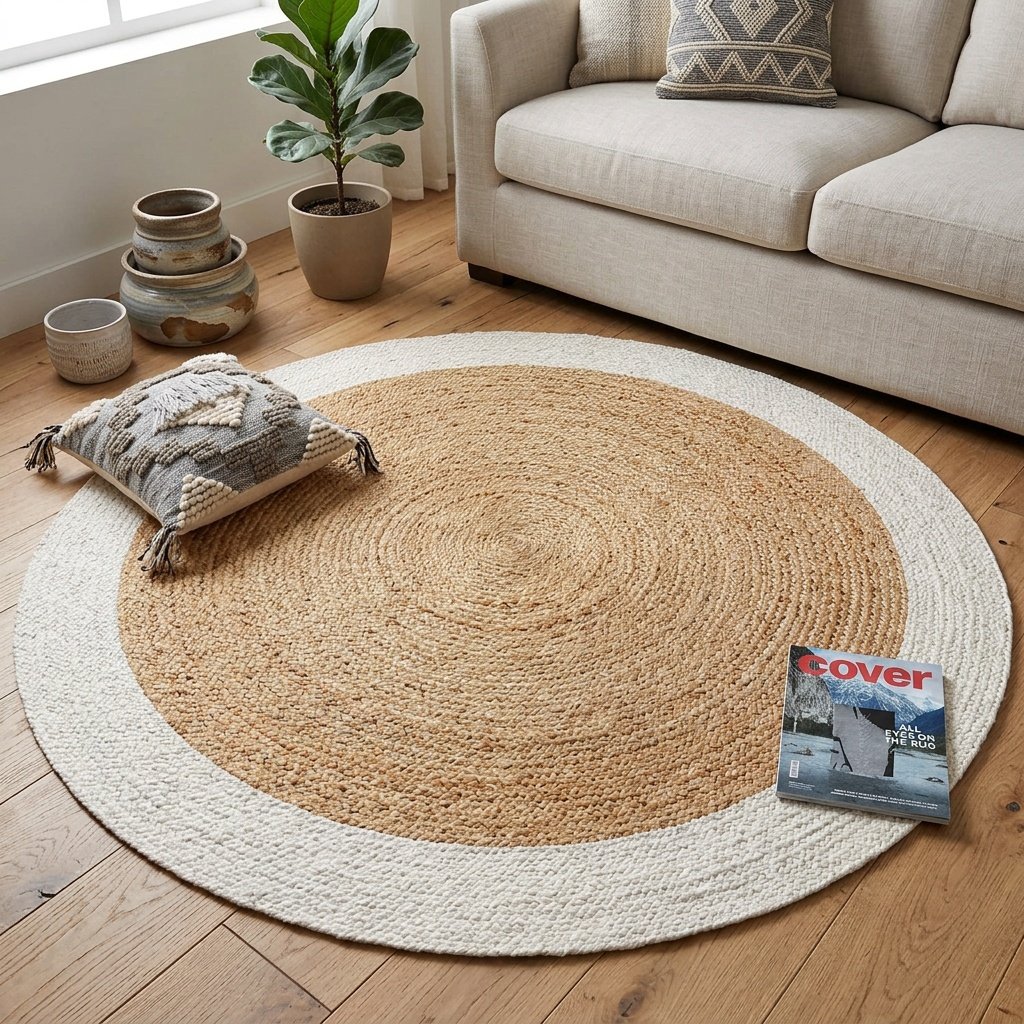 Tappeto rotondo in iuta con bordo bianco intrecciato Braided white border round jute rug