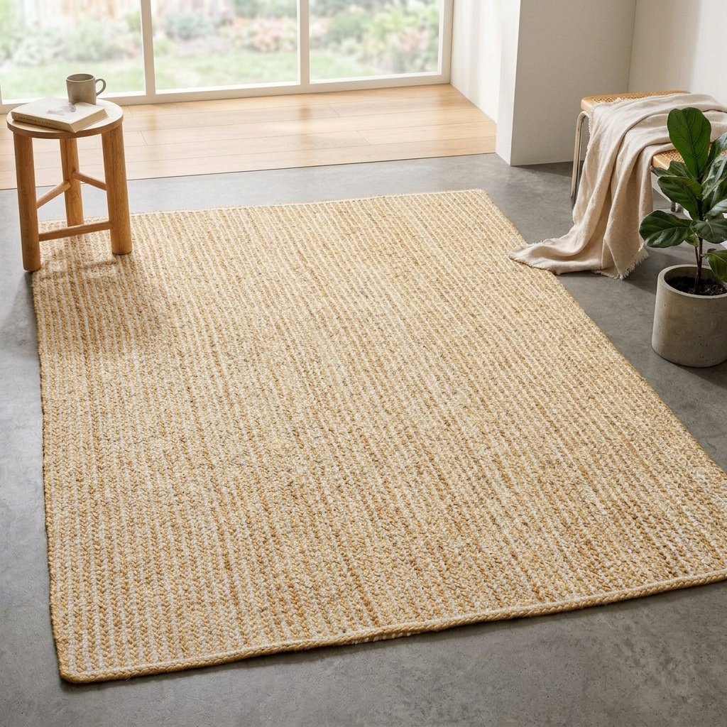 Tappeto in juta a righe bianche intrecciate Braided white striped jute area rug
