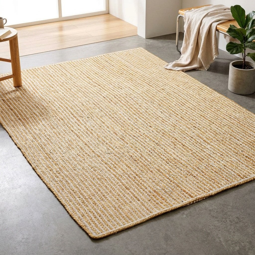 Tappeto in juta a righe bianche intrecciate Braided white striped jute area rug