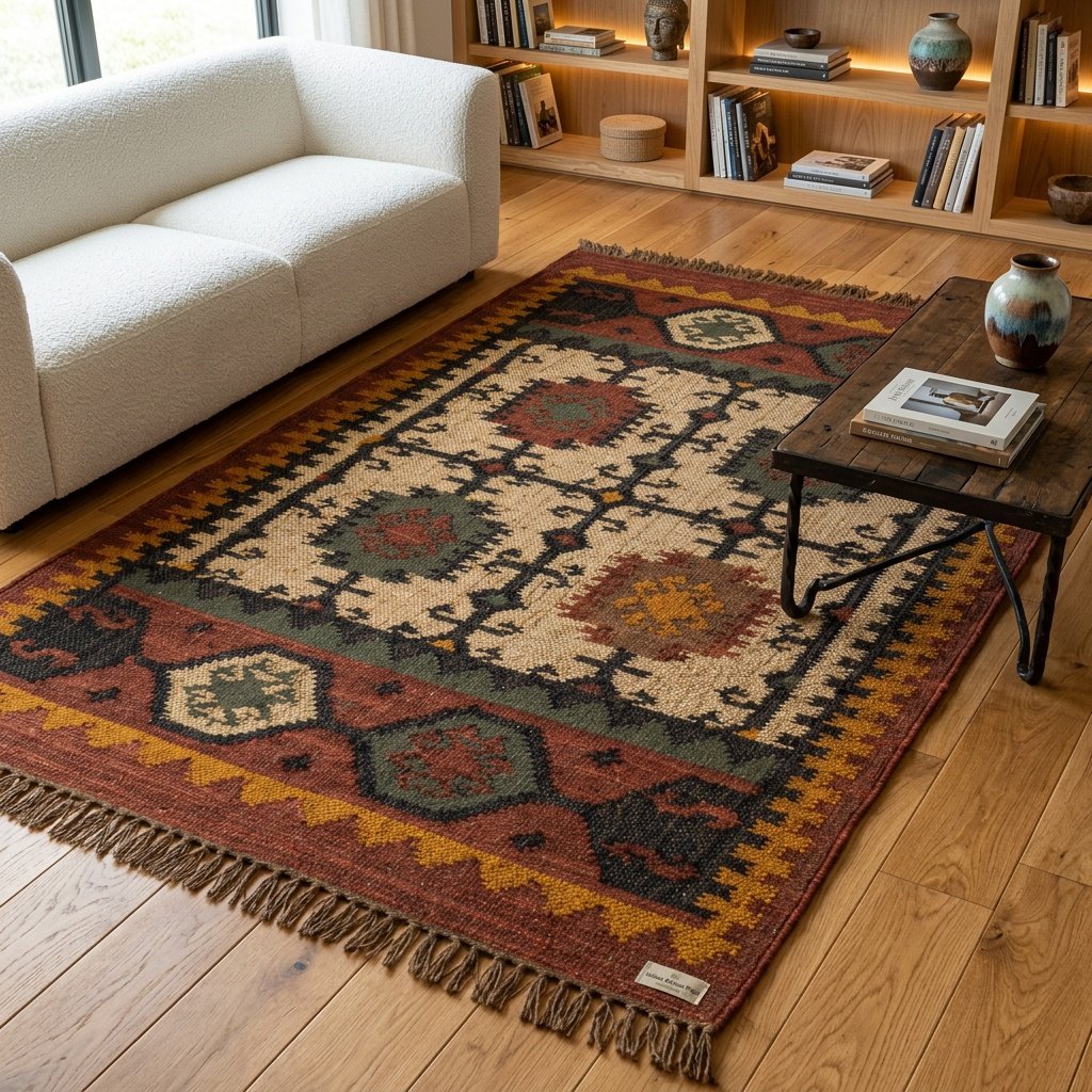 Tappeto navajo marrone in lana e iuta Brown navajo wool and jute rug