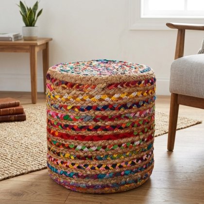 Chindi braided jute pouf ottoman