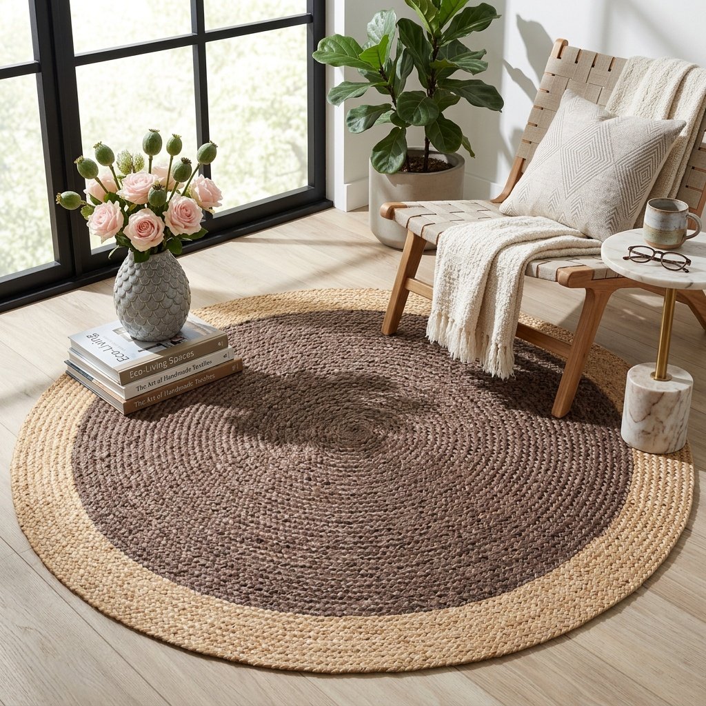 Tappeto rotondo in iuta marrone cioccolato con bordo beige Chocolate brown round jute rug with beige border
