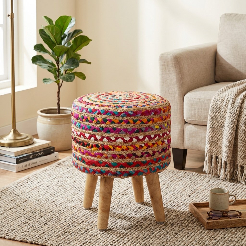 Pouf pouf pouf in iuta intrecciata colorata Colorful braided chindi jute pouf ottoman