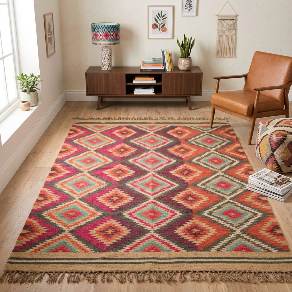 Tappeto in lana e iuta a rombi colorati Coloured diamond wool and jute rug