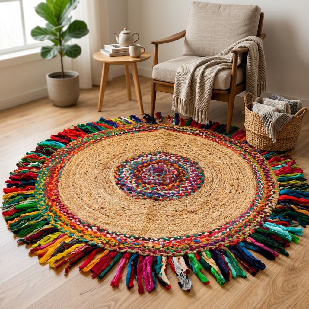 Tappeto rotondo in juta di cotone con nappe multicolore Cotton jute rug round with multicolor tassels