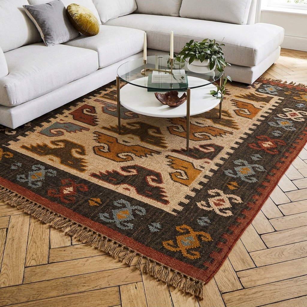 Tappeto etnico kilim in lana e juta Ethnic kilim wool and jute rug