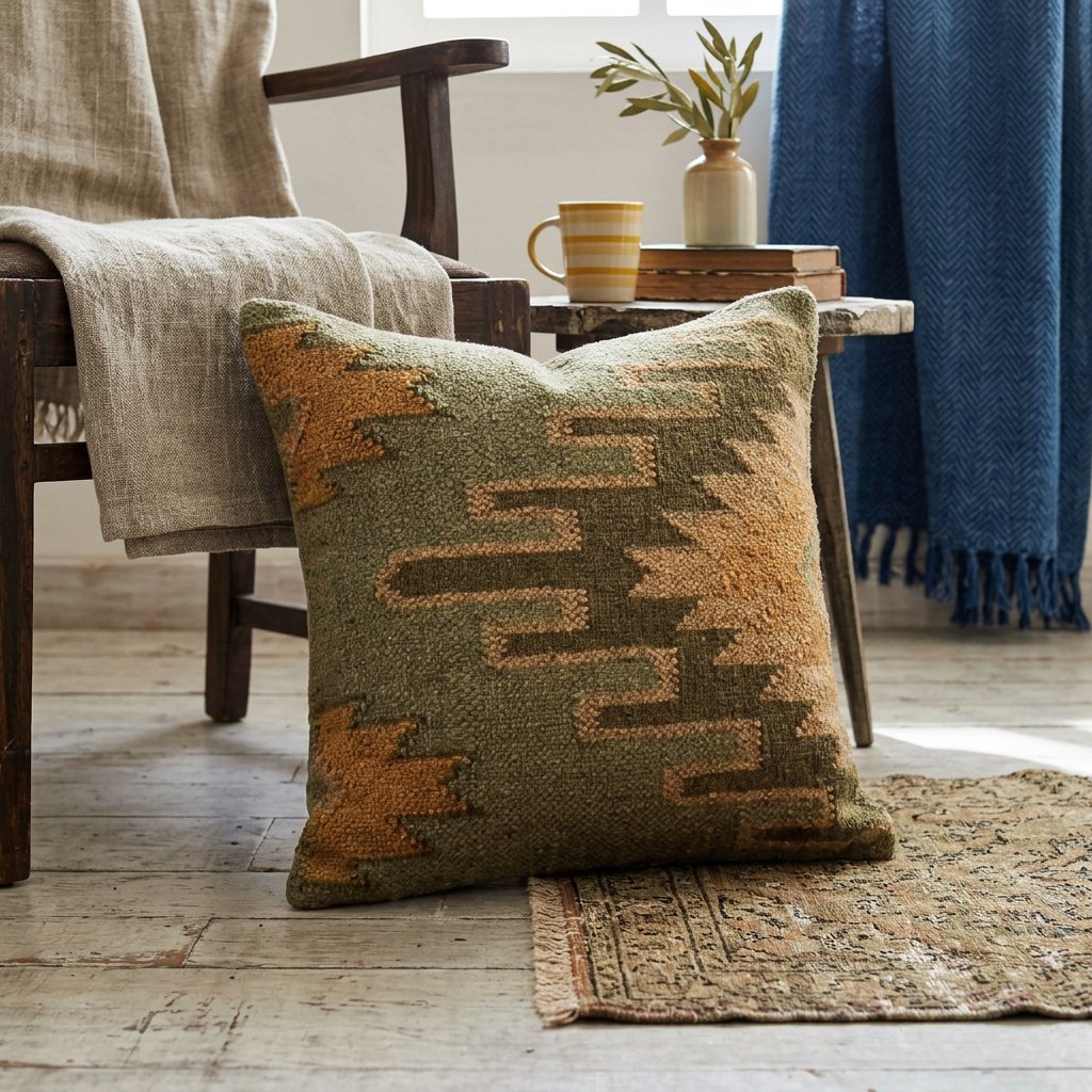 Cuscini orientali verdi in lana e iuta Green oriental wool and jute pillows