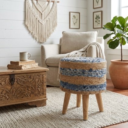 Handmade braided denim and jute pouf ottoman