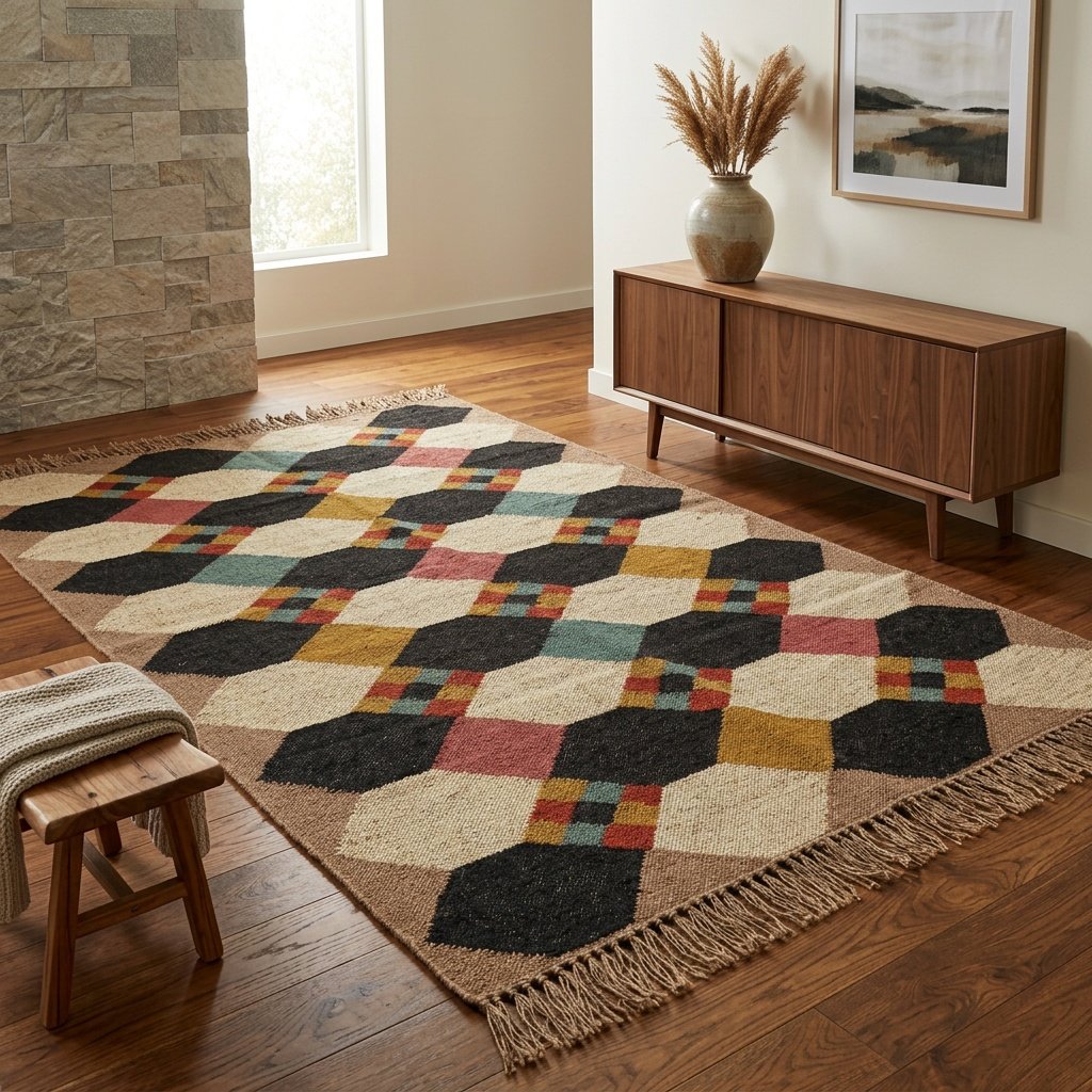 Tappeto esagonale in lana e juta Hexagon wool jute rug