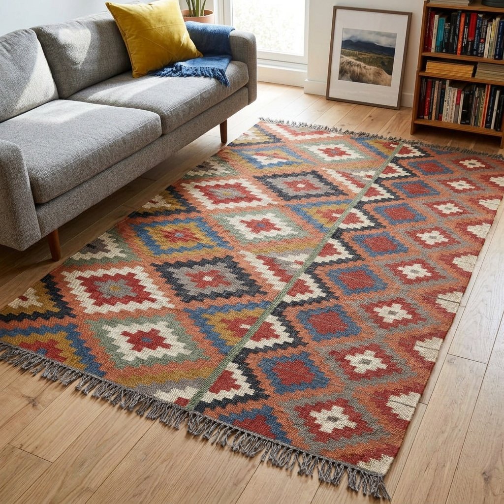 Tappeto Kilim dhurrie in lana e juta Kilim dhurrie wool and jute rug
