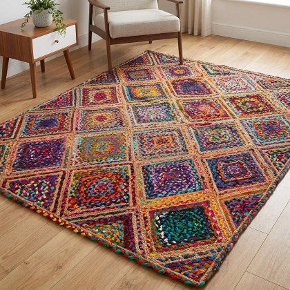 Multicolor Diamond cotton and jute rug
