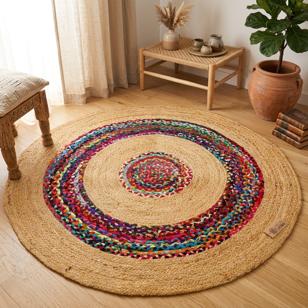Tappeto in iuta naturale e intrecciato con chindi Natural and chindi braided target jute rug