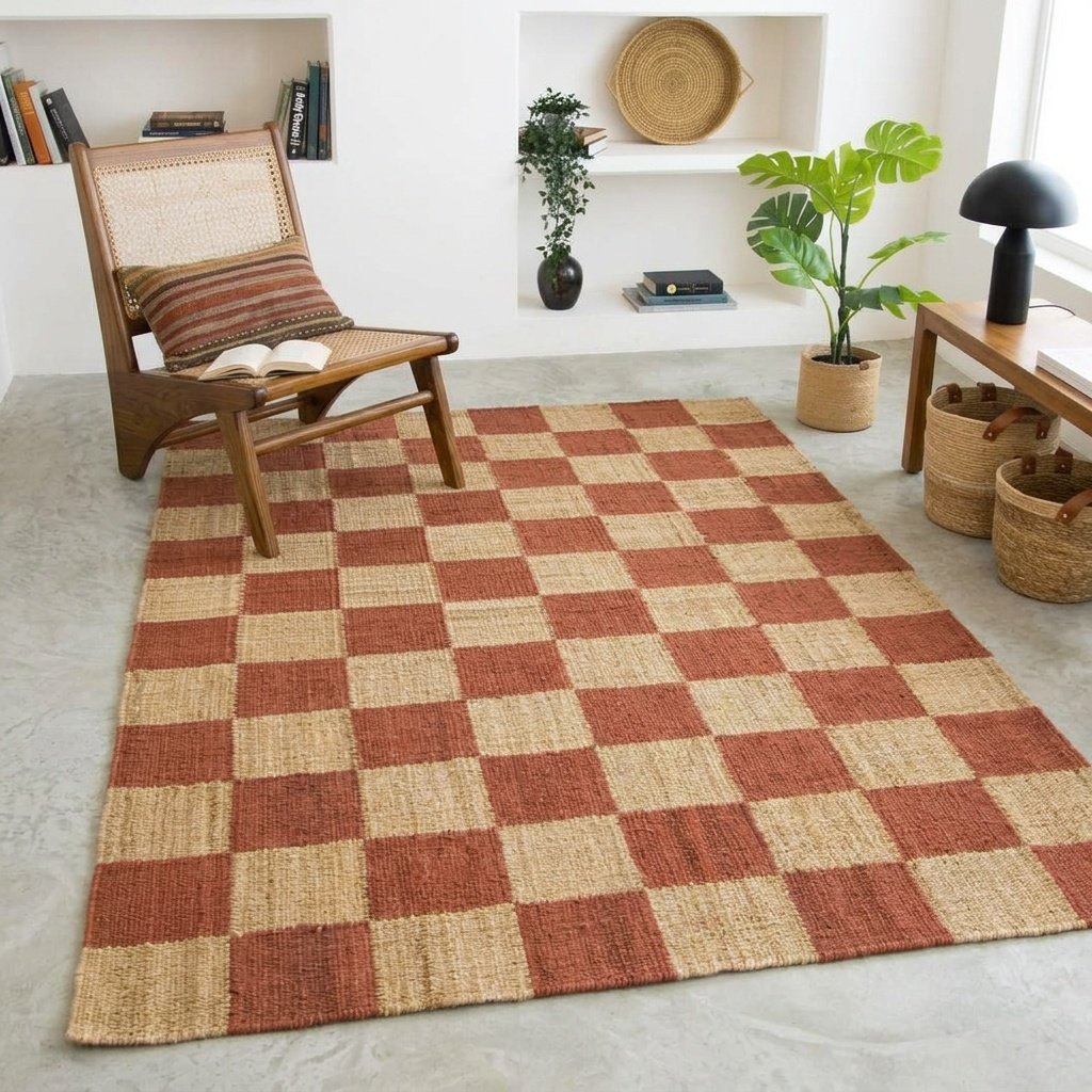 Tappeto a scacchi in canapa naturale e ruggine Natural and rust hemp jute checkered rug