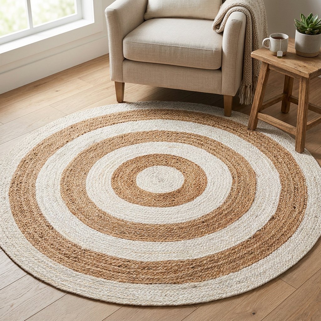 Tappeto rotondo in iuta naturale e bianco Natural and white target jute round rug