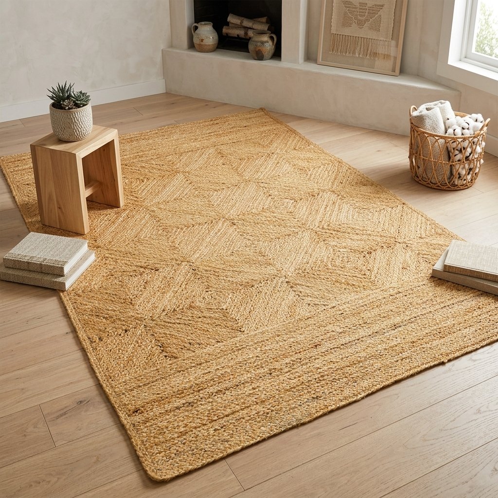 Tappeto in iuta naturale con motivo a rombi intrecciati Natural braided diamond pattern jute area rug