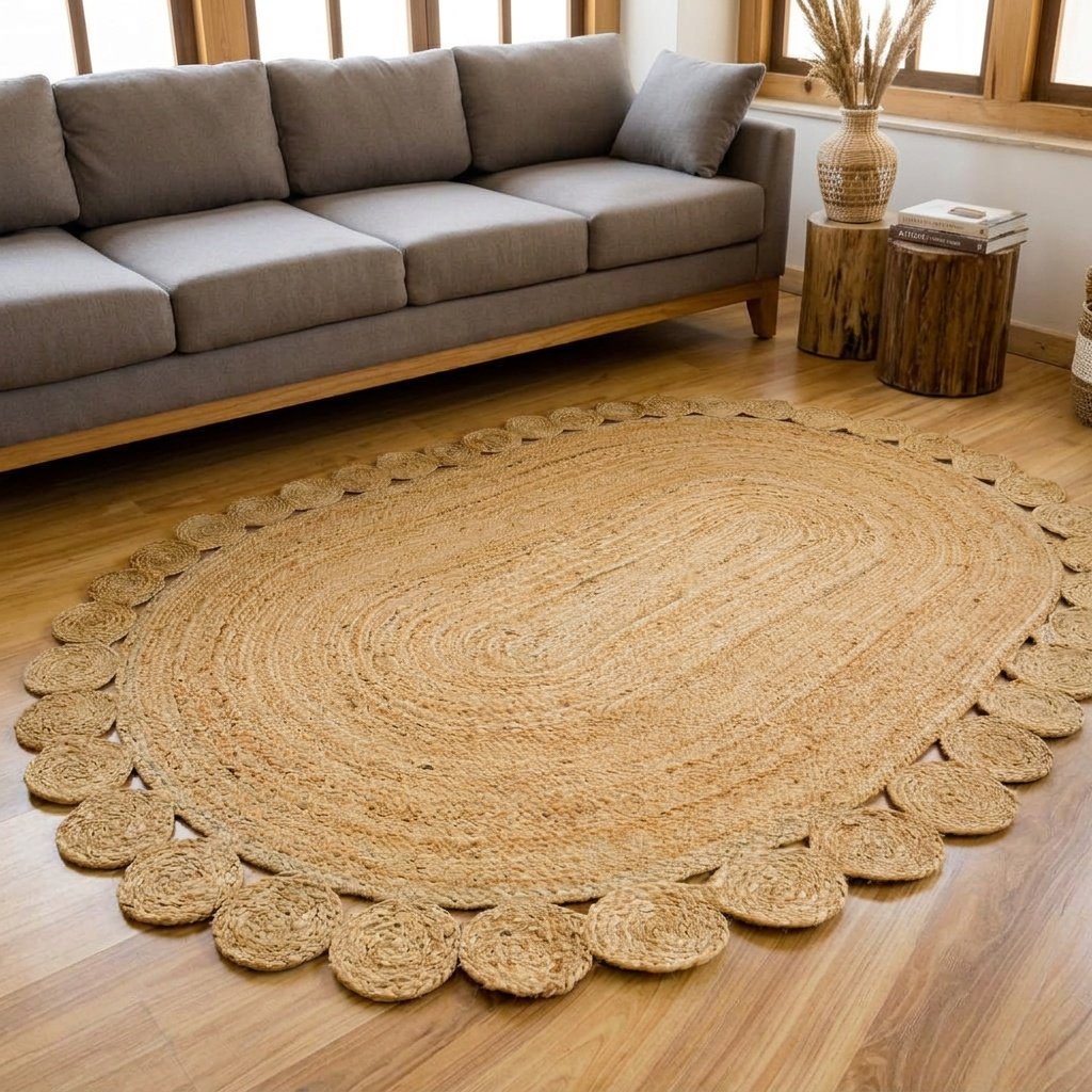 Tappeto ovale in iuta naturale smerlato Natural scalloped jute oval rug
