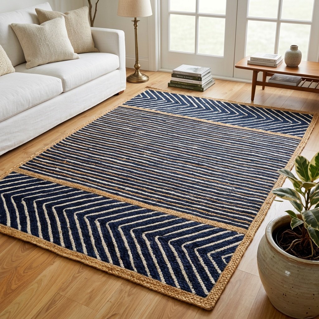 Tappeto in juta a righe bianche e marine Navy and white striped jute area rug