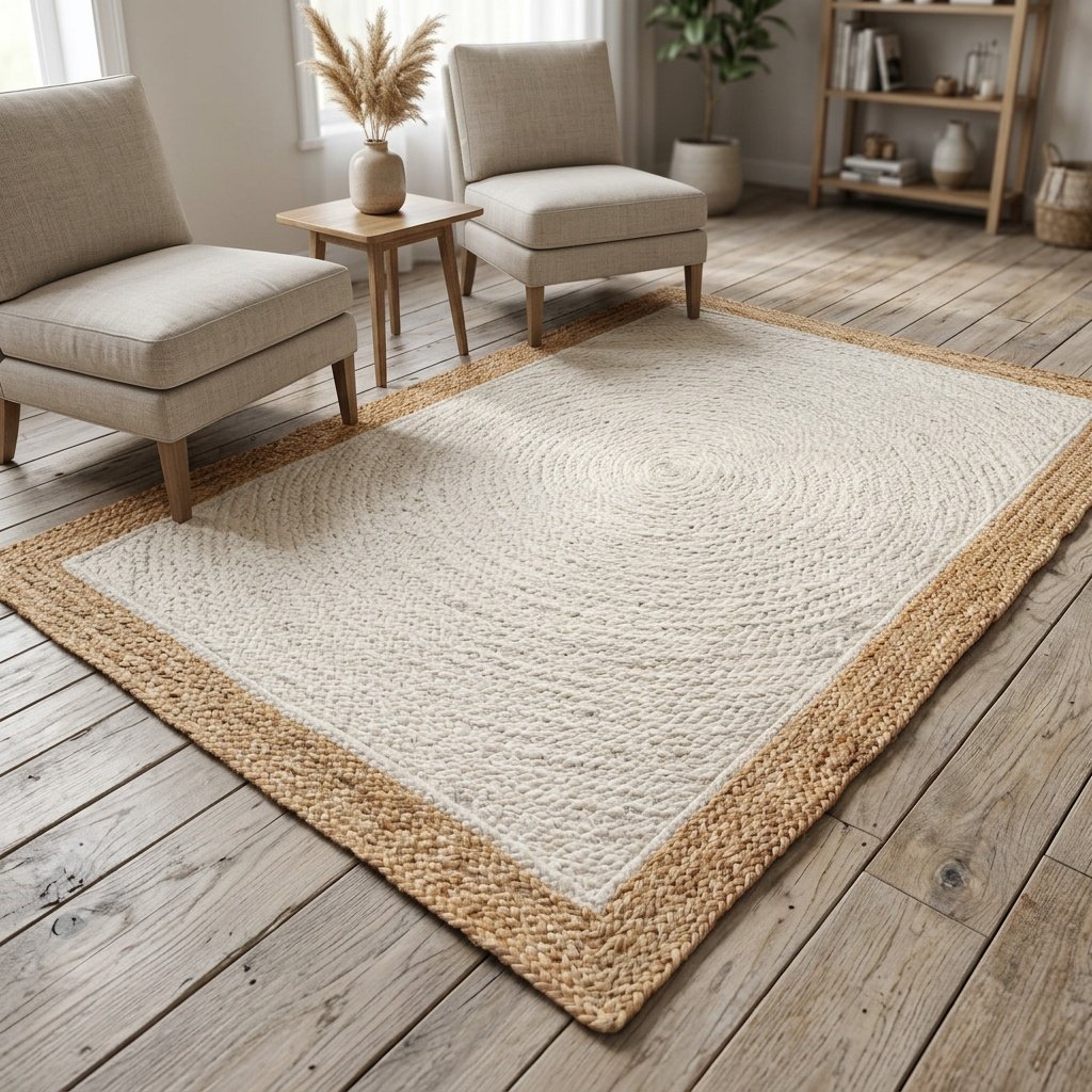 Tappeto in iuta bianco sporco con bordo beige Off white jute rug with beige border