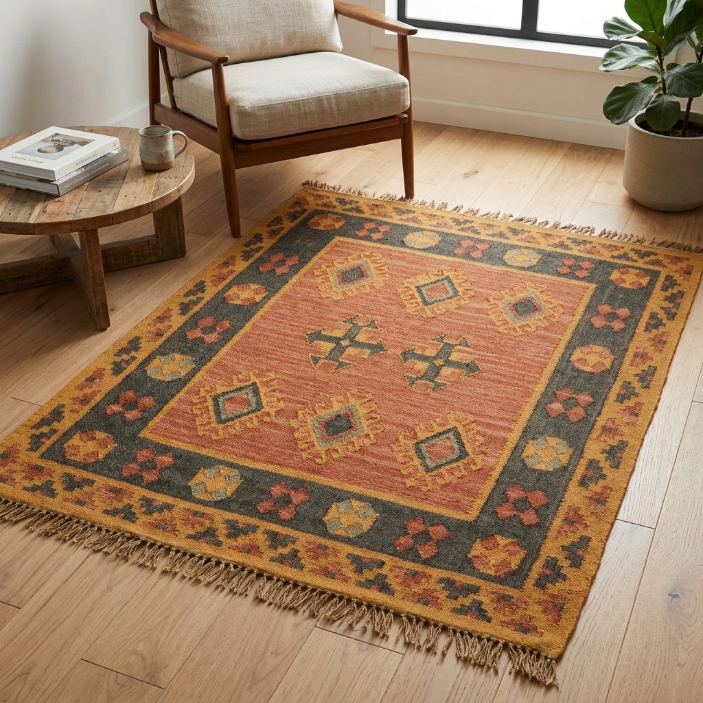 Tappeto kilim arancione in lana e iuta Orange wool and jute kilim area rug
