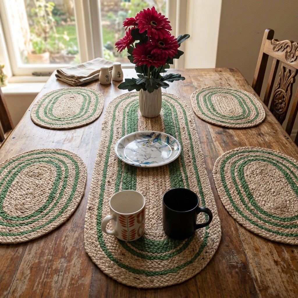 Runner da tavola e tovagliette ovali in iuta con finiture verdi Oval jute table runner and placemats with green trim