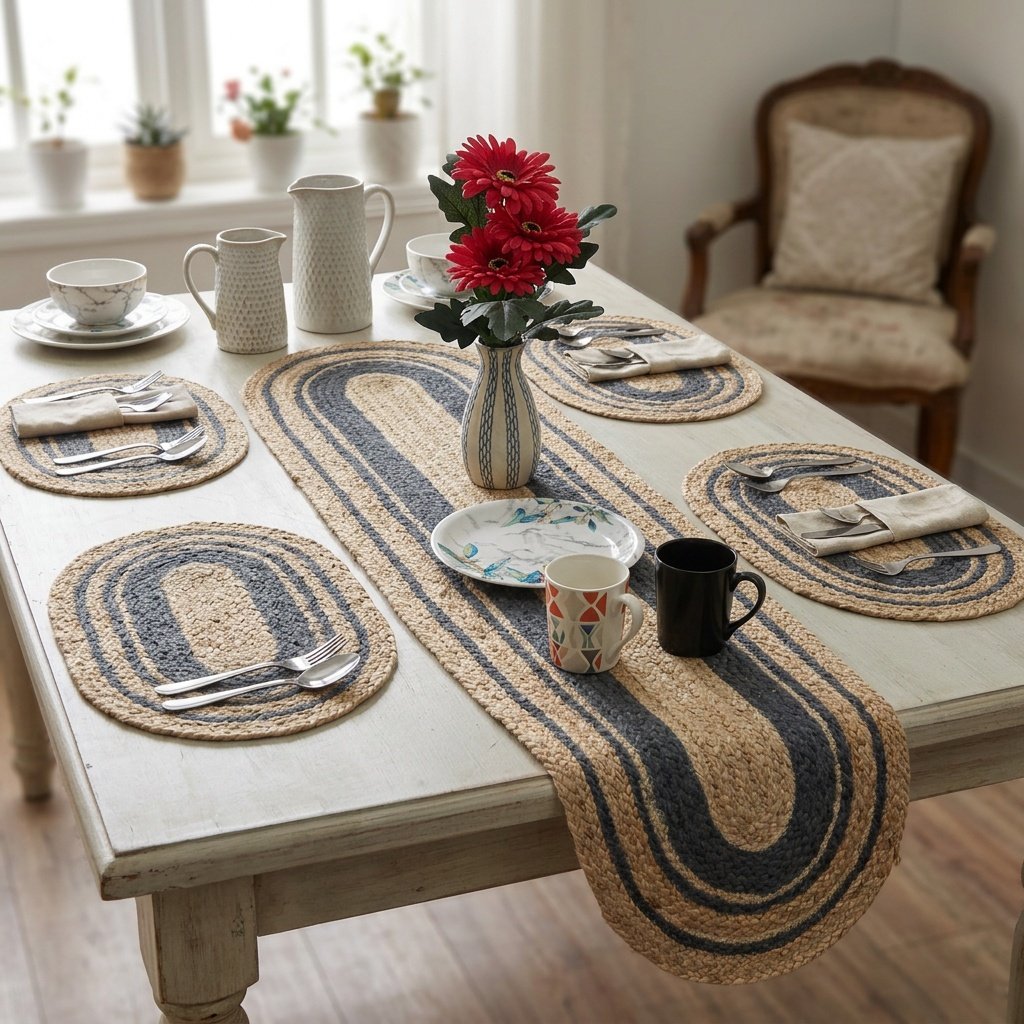 Runner da tavola e tovagliette ovali in iuta Oval jute table runner and placemats